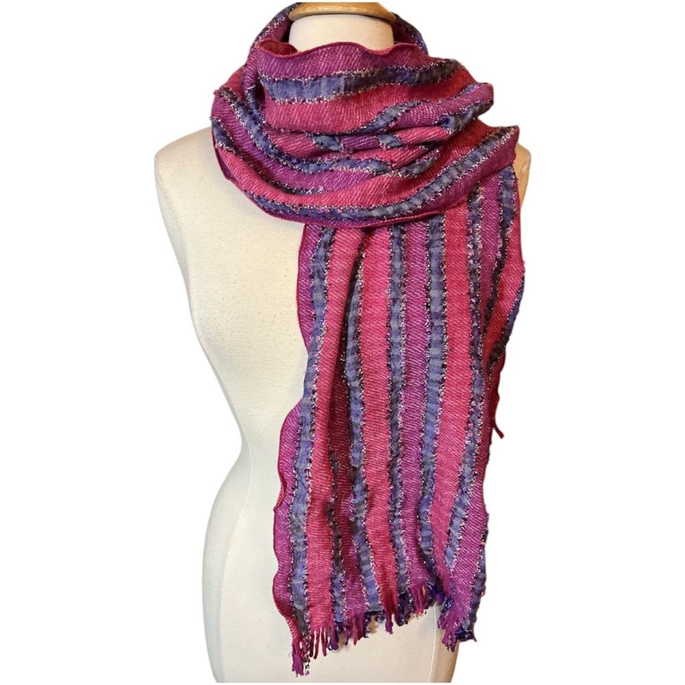 Per Una Pink,Purple Striped Cotton & Wool Blend Scarf metallic fringe 13”Wx69”L